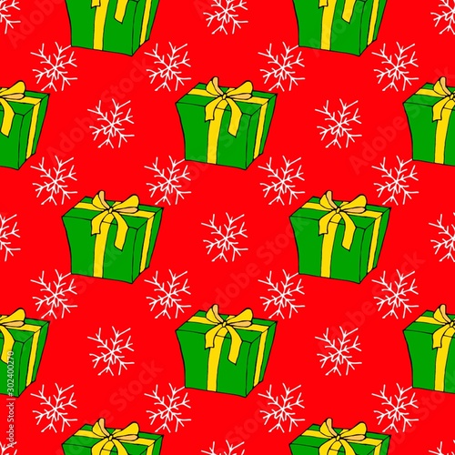 Christmas seamless pattern with Christmas toys  gifts and snowflakes. Perfect for wallpapers  wrapping paper  pattern fills  winter greetings  web page background. Separate illustrations. White