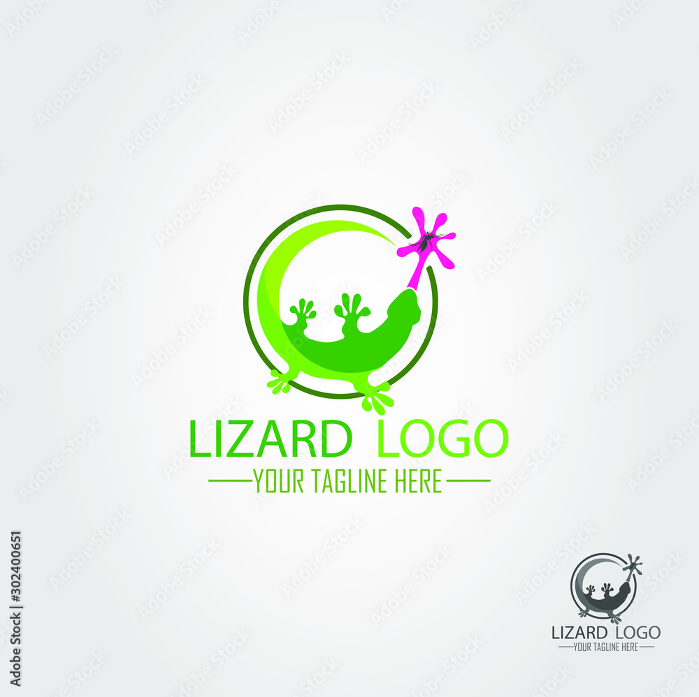 Lizard logo with concept lizard catch mosquito. Vector illustration