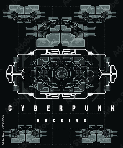 Cyberpunk Hacking futuristic poster with futuristic HUD elements, abstract background. Modern flyer for web and print. Hacking, cyber space, programming.