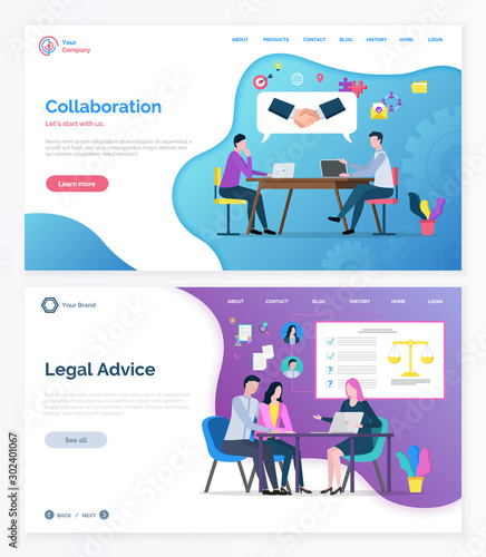Business collaboration and legal advice online, people discussing and consultation. Lawyer and clients, teamwork cooperation, brainstorming vector. Website or webpage template, landing page flat style