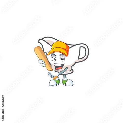 Gravy boat cartoon character with mascot playing baseball.