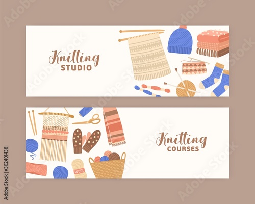 Knitting and crochet banner flat templates. Handmade studio and courses. Creative handicraft workshop and master class vector illustrations. Hobby classes. Knitted items, tools and equipment.