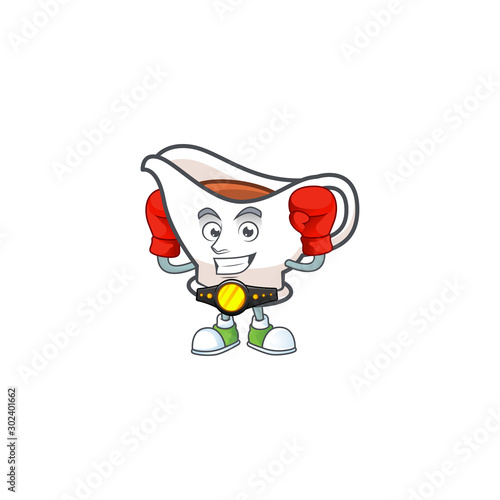 Gravy boat cartoon character with mascot boxing.