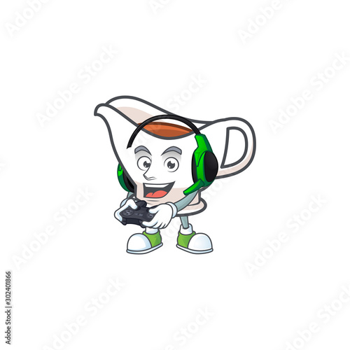 Gravy boat cartoon character with mascot bring gaming.