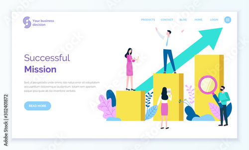 Successful mission of leader vector, person standing on top of chart. Workers helping businessman assistants managing and analyzing stats. Website or webpage template, landing page flat style