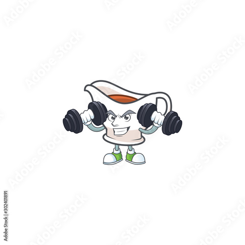Gravy boat cartoon character with mascot with bring barbell.