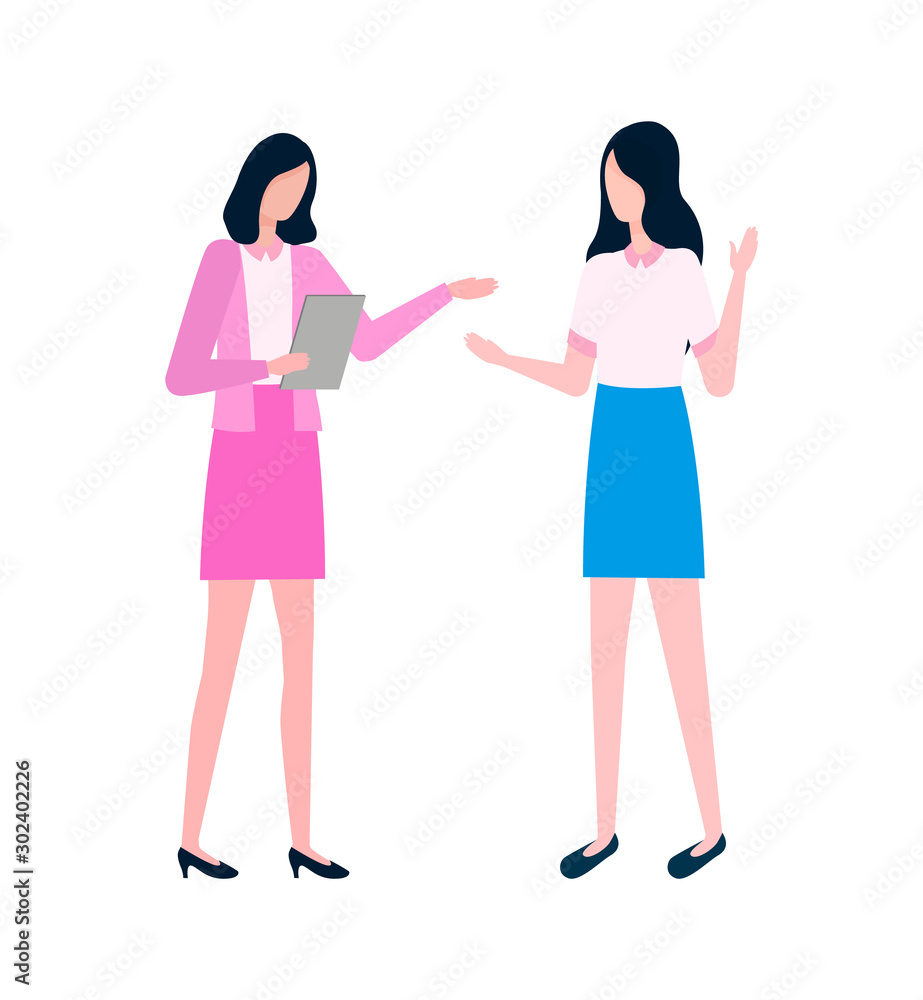 Woman talking to secretary vector, people having conversation isolated ladies wearing formal clothes. Person holding papers documents on clipboard