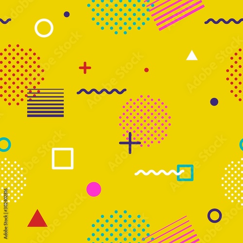 Abstract geometric seamless pattern in Memphis style on yellow background. Fashion 80s-90s trends designs, Retro funky graphic with geometric shapes. Applicable for Banners, Posters, Flyers. Vector
