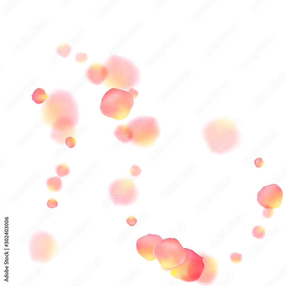 Rose gold petals flying cosmetics vector background.