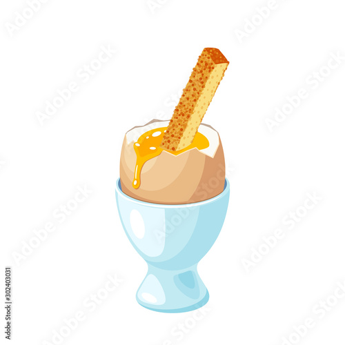 Toast soldier in soft-boiled egg in eggshell in egg holder. Vector illustration cartoon flat icon set isolated on white.