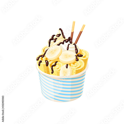 Basket of stir fried yellow ice cream banana rolls under chocolate topping and whipped cream decorated with banana slices. Vector illustration cartoon flat icon isolated on white.