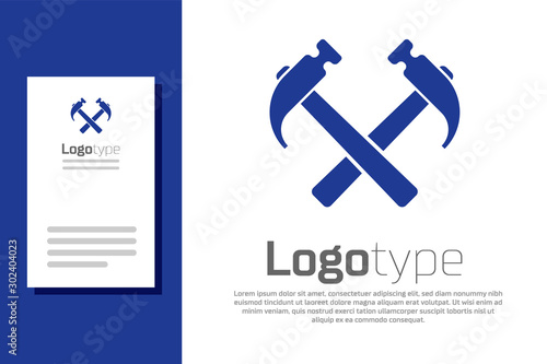 Blue Two crossed hammers icon isolated on white background. Tool for repair. Logo design template element. Vector Illustration