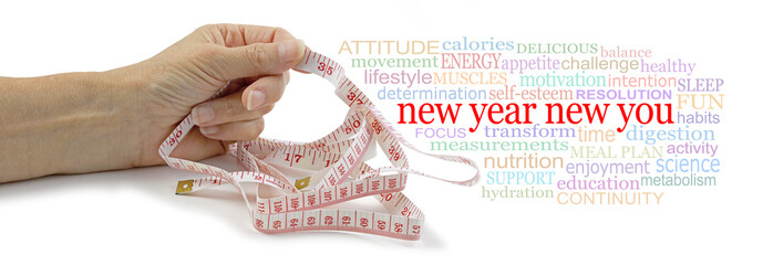 New Year New Your Weight Loss  Tag Cloud - female hand holding a measuring tape in one hand beside a NEW YEAR NEW YOU  word tag cloud isolated on a white background 