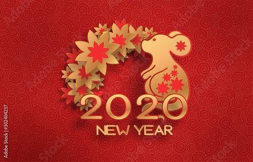Golden mouse on a textured red background. Template on the theme of the Chinese horoscope. Eastern calendar. Year of the mouse. Greeting card.