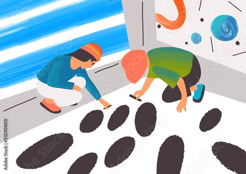 Expressionist artists working together flat vector illustration. Talented painters drawing black round shapes with charcoal pencils cartoon characters. Modern art, expressionism, art biennale concept.