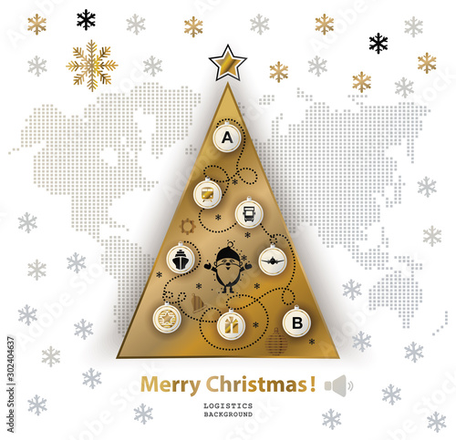 Christmas logistics card. Schematic christmas tree on schematic world map. Flat gold black icons on white background