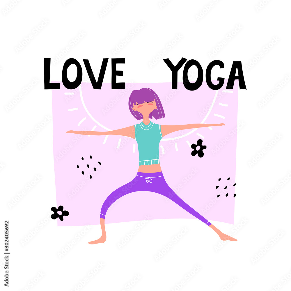 love yoga. Caricature woman with lettering, decor elements. Colorful flat vector illustration. hand drawing. World Health Day. healthy lifestyle. For posters, banners.