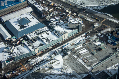 Top view of a big city in winter. Industrial city panorama of cityscape.