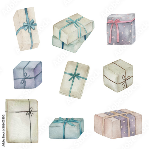 Gift boxes set on white background. Christmas presents. Watercolor hand drawn...