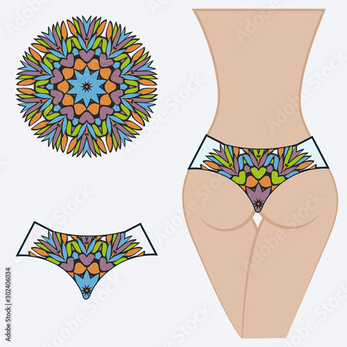 Female buttocks with panties. Decorative vector illustration. Mandala fashion print.