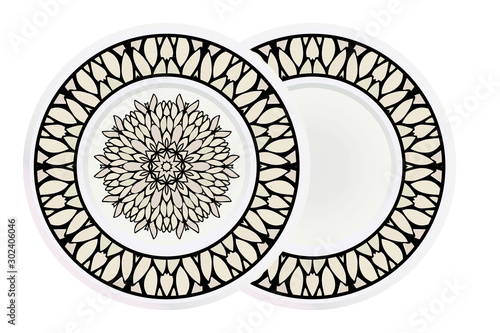 Matching decorative plates for interior designwith floral art deco pattern. Empty dish  porcelain plate mock up design. Vector illustration. White  grey color