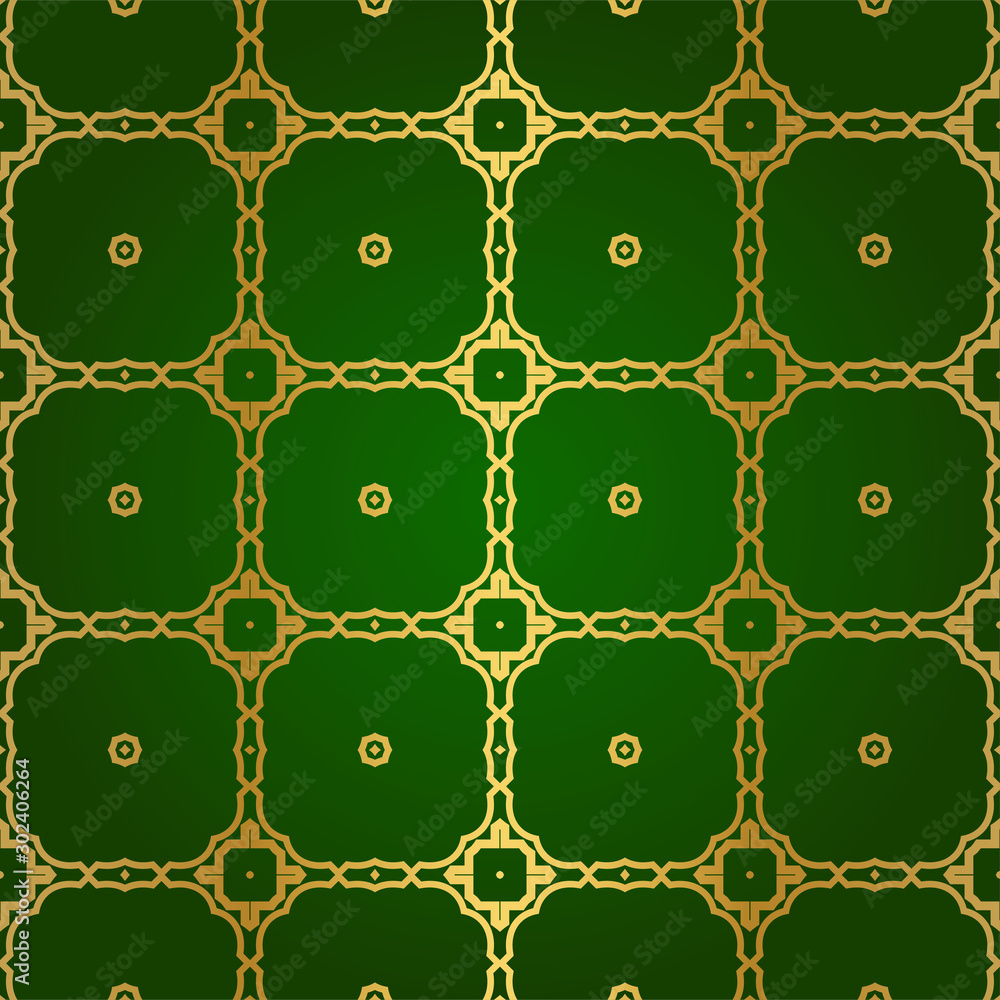 Fototapeta premium Luxury Seamless Geometrical Linear Texture. Original Geometrical Puzzle. Backdrop. Vector illustration. Green gold color. Design For Prints, Textile, Decor, Fabric.