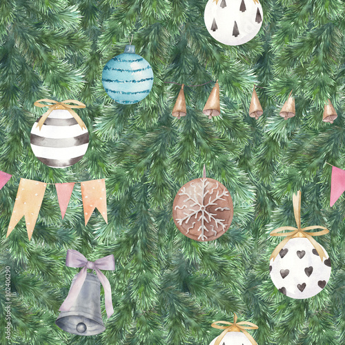 Watercolor pattern with green Cristmas tree branches and decorations. Winter ...