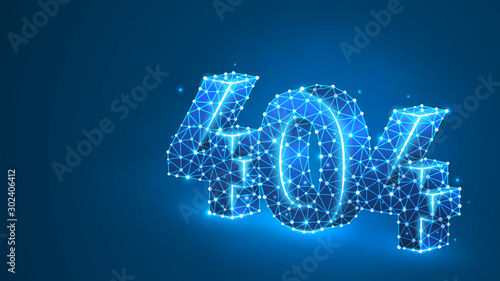 Error 404 page not found. Website opening failure. Oops, connection troubles, warning design. Abstract digital wireframe, low poly mesh, polygonal vector blue neon 3d illustration. Line dot