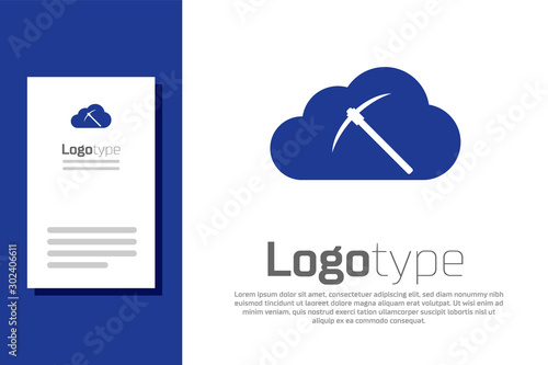 Blue Cryptocurrency cloud mining icon isolated on white background. Cloud with pickaxe, bitcoin, digital money market, cryptocoin wallet. Logo design template element. Vector Illustration