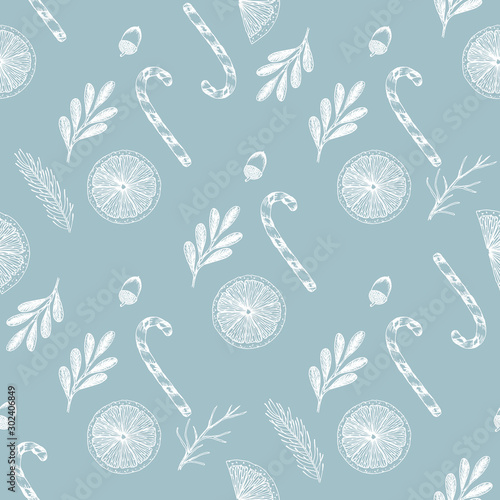 Xmas Seamless pattern with Christmas Tree Decorations, Pine Branches hand drawn art design vector illustration.