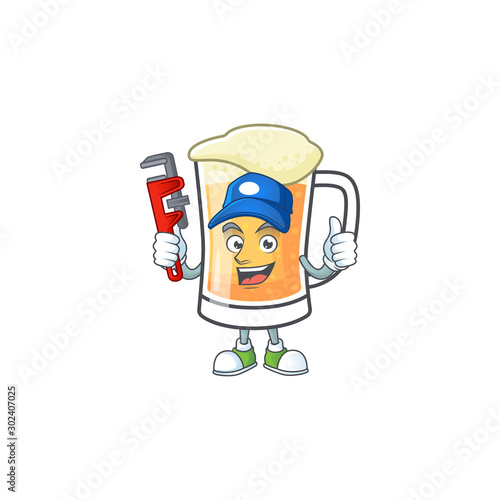 Cartoon a mug of beer plumber mascot.