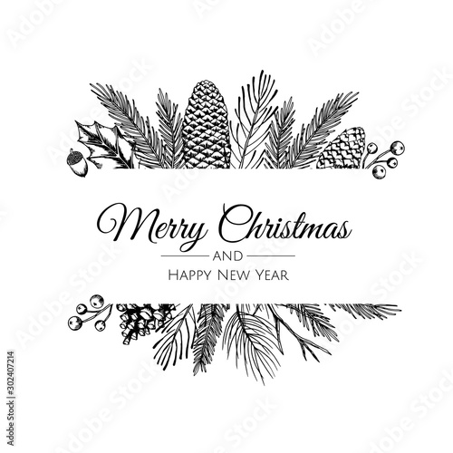 Christmas frame with winter plants. Botanical illustration.