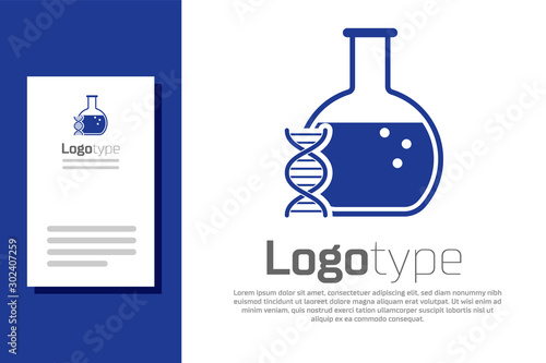 Blue DNA research, search icon isolated on white background. Genetic engineering, genetics testing, cloning, paternity testing. Logo design template element. Vector Illustration