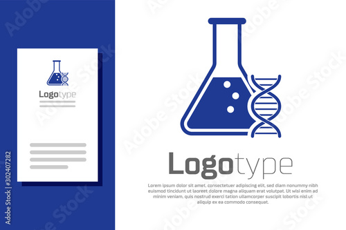 Blue DNA research, search icon isolated on white background. Genetic engineering, genetics testing, cloning, paternity testing. Logo design template element. Vector Illustration