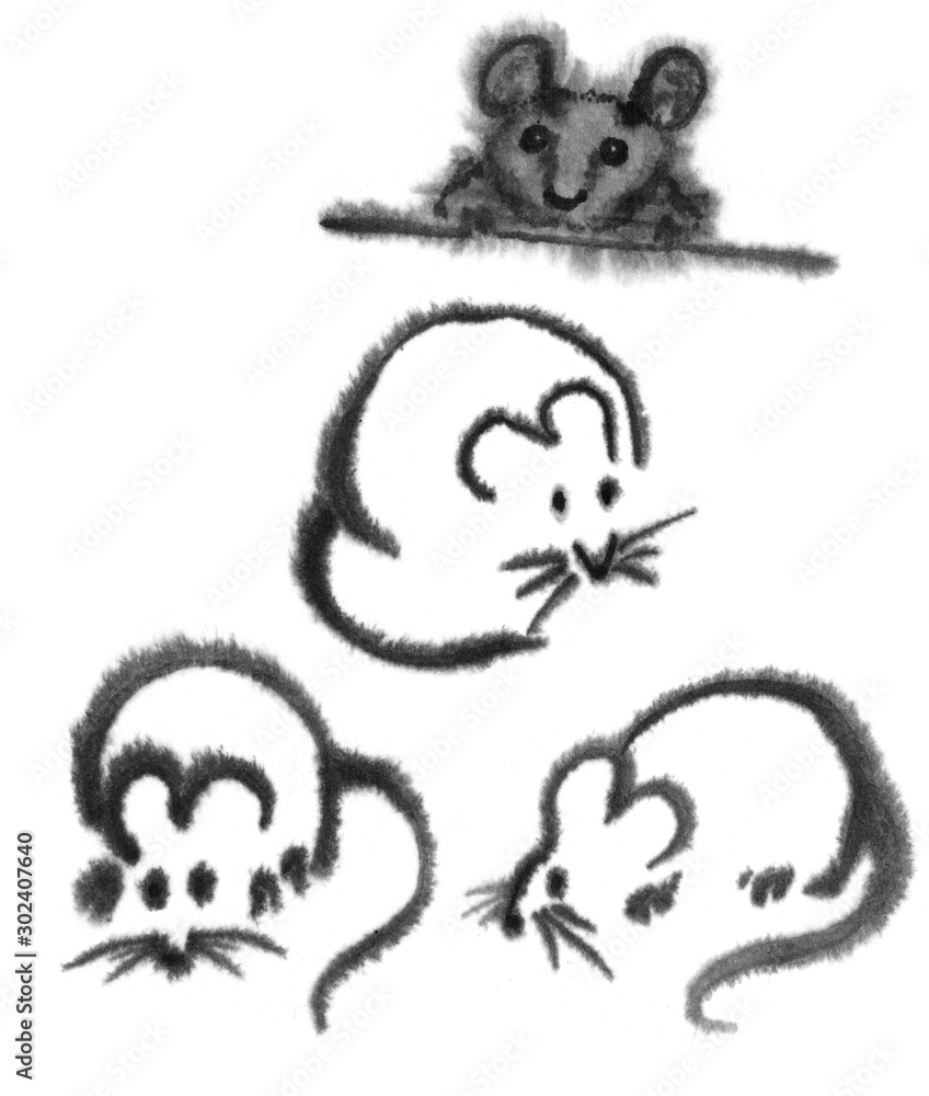 Obraz premium Set mouse, black and white ink drawn image. The mouse is the symbol of the year 2020. Oriental, Chinese, Japanese style. Ink graphics.