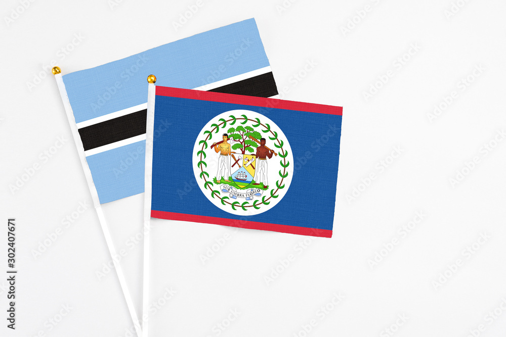 Belize and Botswana stick flags on white background. High quality fabric, miniature national flag. Peaceful global concept.White floor for copy space. Belize and Botswana stick flags on white background. High quality fabric, miniature national flag. Peaceful global concept.White floor for copy space.