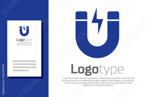 Blue Magnet with lightning icon isolated on white background. Horseshoe magnet, magnetism, magnetize, attraction sign. Logo design template element. Vector Illustration