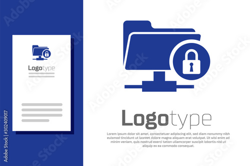 Blue FTP folder and lock icon isolated on white background. Concept of software update, ftp transfer protocol. Security, safety, protection concept. Logo design template element. Vector Illustration