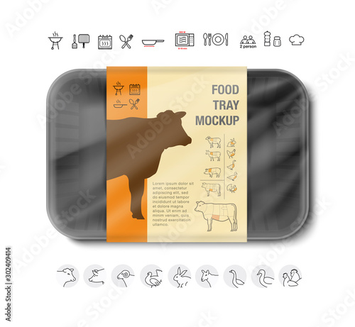 Black tray mockup container with pack information. Front view. Vector illustration isolated on white background. Template ready for your design. EPS10.	