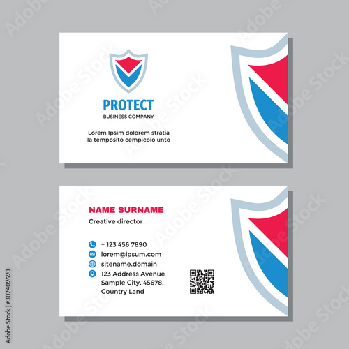 Business card template with logo - concept design. Protection security visit card branding. Abstract shiel protect symbol. Vector illustration. 