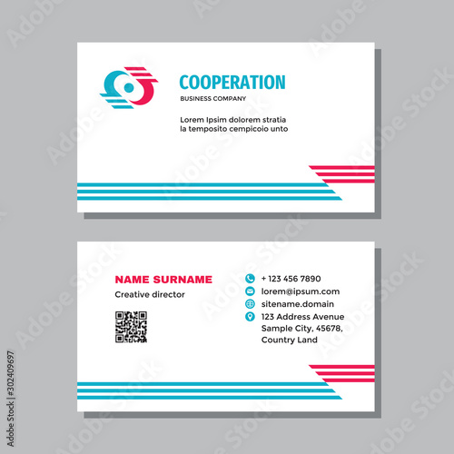 Business card template with logo - concept design. Abstract cooperation visit card branding. Communication symbol. Union icon. Vector illustration. 