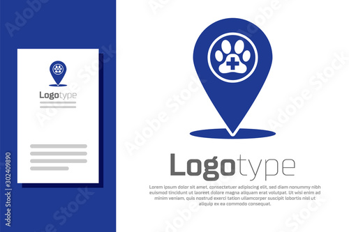 Blue Map pointer with veterinary medicine hospital, clinic or pet shop for animals icon isolated on white background. Vet or veterinarian clinic. Logo design template element. Vector Illustration