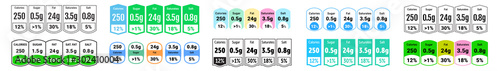 Food nutrition facts and daily value, vector package labels templates. Nutrition facts info table, food and drink daily value in servings with percentage and grams