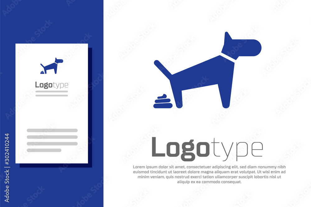 Blue Dog pooping icon isolated on white background. Dog goes to the