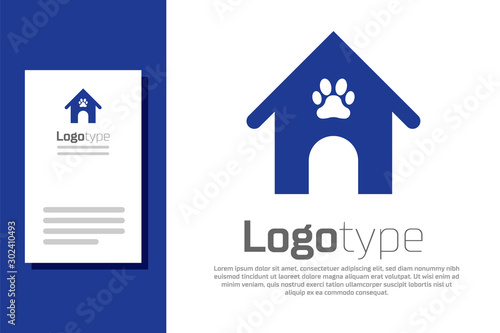 Blue Dog house and paw print pet icon isolated on white background. Dog kennel. Logo design template element. Vector Illustration