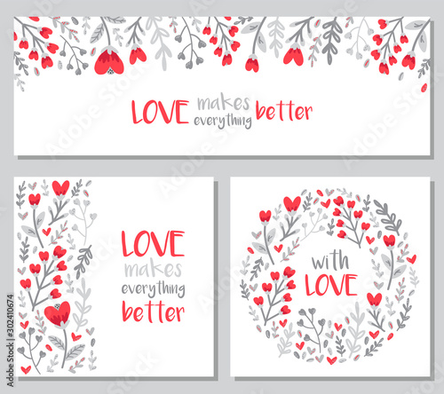Cute set of Valentines Day floral backgrounds with hand drawn leaves and heart shaped flowers in doodle style