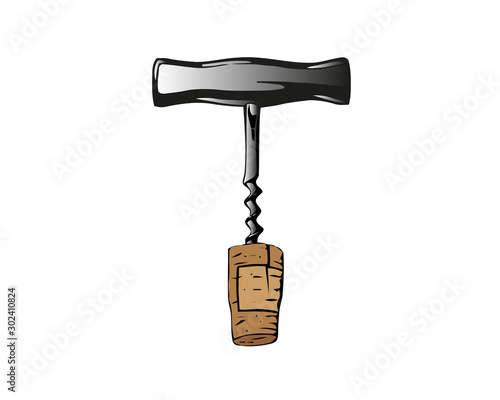 Vector illustration retro wine corkscrew with metal handle. Corkscrew flat icon with cork. Kitchen utensil.