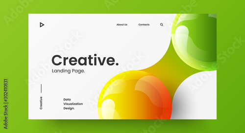 Creative horizontal website screen part for responsive web design project development. 3D colorful balls geometric banner layout mock up. Corporate landing page block vector illustration template.