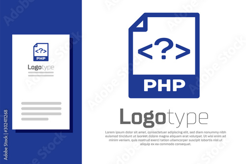 Blue PHP file document. Download php button icon isolated on white background. PHP file symbol. Logo design template element. Vector Illustration