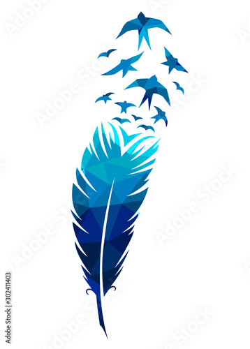 Fototapeta Print art concept colorful design tattoo black feather flying birds swallows silhouette